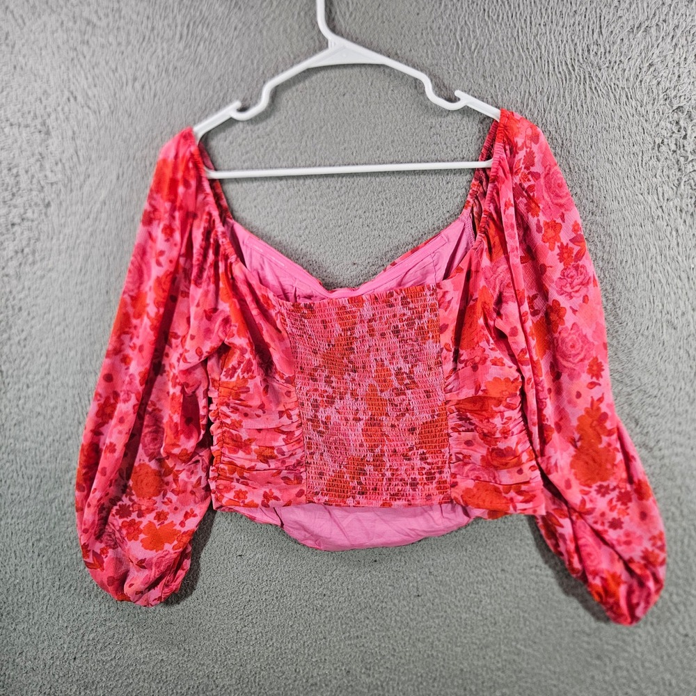 Free People Pink Floral Rosette Ruched Crop Top Long Balloon Sleeve Womens L - Picture 7 of 10